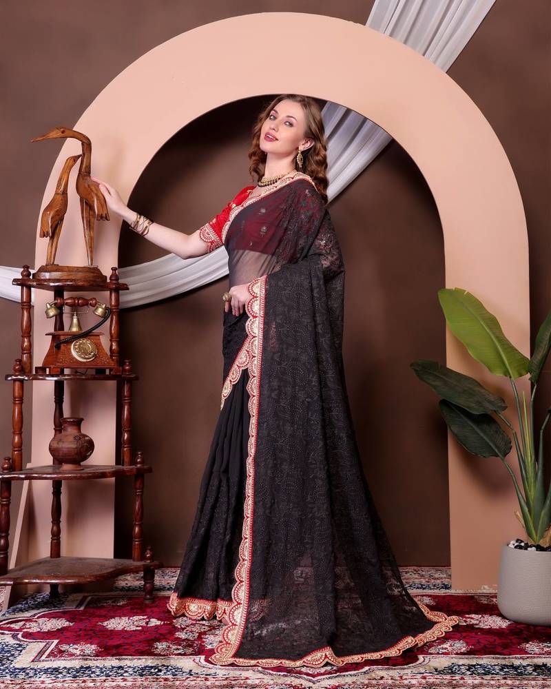 Black Colour Chickenkari Style Zal Embroidery Work Traditional Saree With Blouse