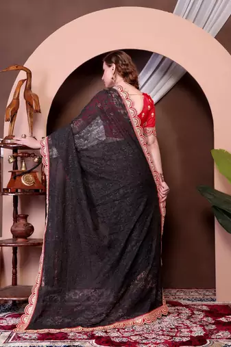 Black Colour Chickenkari Style Zal Embroidery Work Saree With Blouse