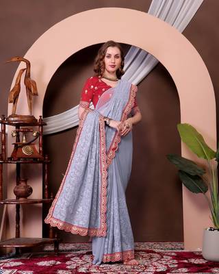 Grey Colour Chickenkari Style Zal Embroidery Work Saree With Blouse 1