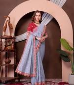 Grey Colour Chickenkari Style Zal Embroidery Work Traditional Saree With Blouse