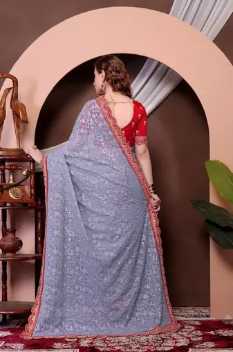 Grey Colour Chickenkari Style Zal Embroidery Work Saree With Blouse