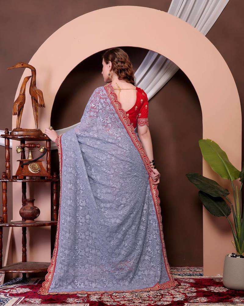 Grey Colour Chickenkari Style Zal Embroidery Work Traditional Saree With Blouse