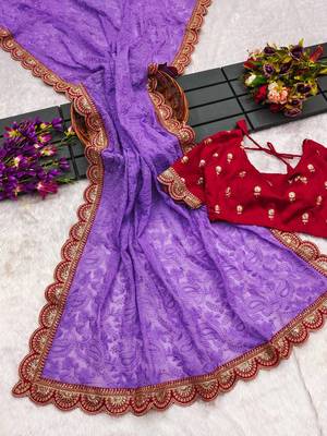 Purple Chikankari Style Embroidery Work Saree With Blouse 1