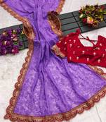 Purple Chikankari Style Embroidery Work Traditional Saree With Blouse