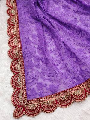 Purple Chikankari Style Embroidery Work Saree With Blouse 2