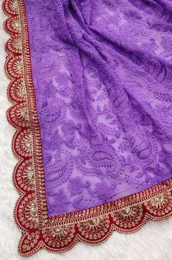 Purple Chikankari Style Embroidery Work Saree With Blouse