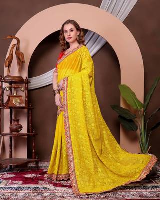 Yellow Colour Chickenkari Style Zal Embroidery Work Saree With Blouse 1