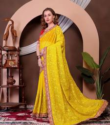 Yellow Colour Chickenkari Style Zal Embroidery Work Saree With Blouse