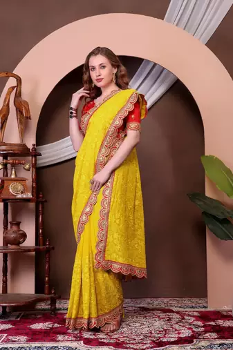 Yellow Colour Chickenkari Style Zal Embroidery Work Saree With Blouse
