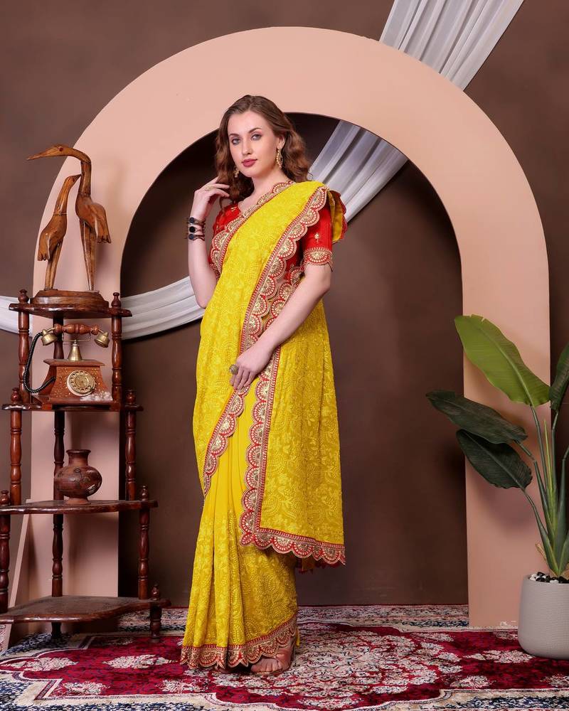 Yellow Colour Chickenkari Style Zal Embroidery Work Traditional Saree With Blouse
