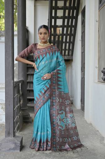 Soft Tussar silk Saree With Traditional Temple Printed Border And Printed Pallu With Blouse For Women