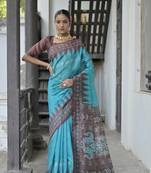 Soft Tussar silk Saree With Traditional Temple Printed Border And Printed Pallu With Blouse For Women