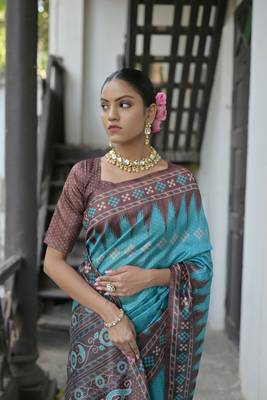 Soft Tussar silk Saree With Traditional Temple Printed Border And Printed Pallu With Blouse For Women 3