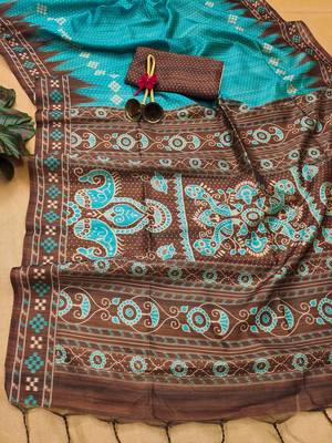 Soft Tussar silk Saree With Traditional Temple Printed Border And Printed Pallu With Blouse For Women 5