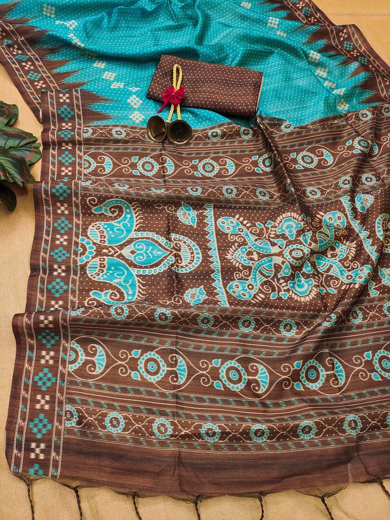 Soft Tussar silk Saree With Traditional Temple Printed Border And Printed Pallu With Blouse For Women