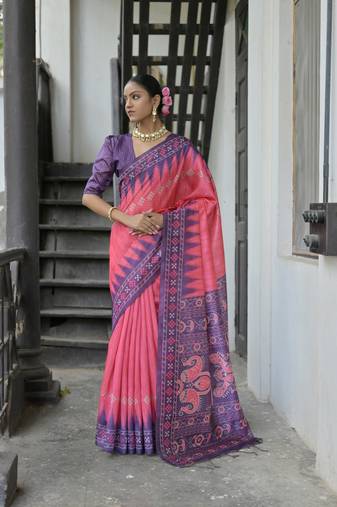 Rani Pink Soft Tussar silk Saree With Traditional Temple Printed Border And Printed Pallu With Blouse For Women
