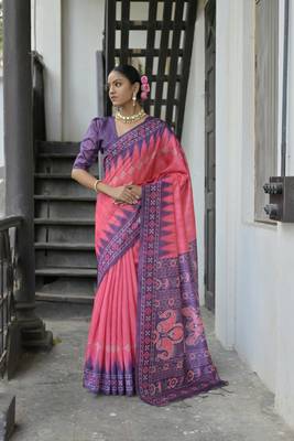 Rani Pink Soft Tussar silk Saree With Traditional Temple Printed Border And Printed Pallu With Blouse For Women 1