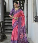 Rani Pink Soft Tussar silk Saree With Traditional Temple Printed Border And Printed Pallu With Blouse For Women