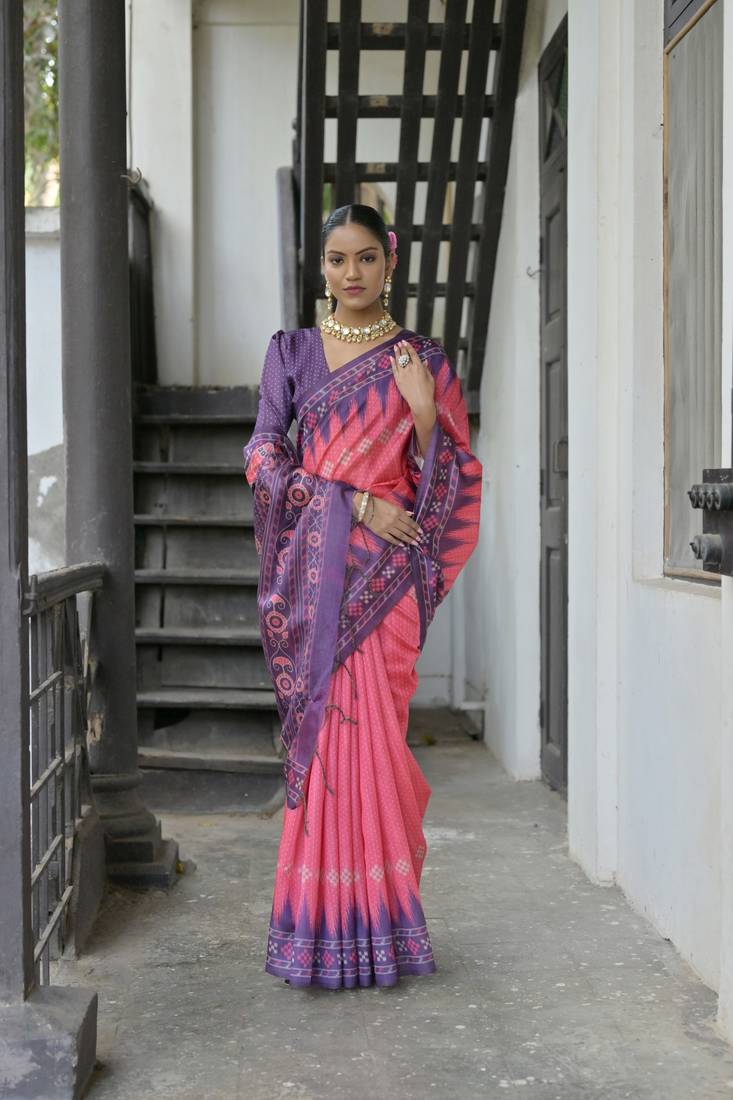 Rani Pink Soft Tussar silk Saree With Traditional Temple Printed Border And Printed Pallu With Blouse For Women