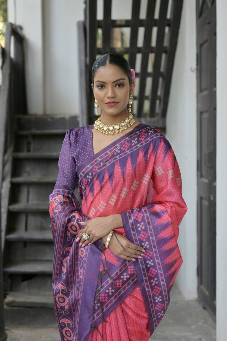 Rani Pink Soft Tussar silk Saree With Traditional Temple Printed Border And Printed Pallu With Blouse For Women