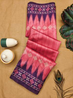 Rani Pink Soft Tussar silk Saree With Traditional Temple Printed Border And Printed Pallu With Blouse For Women 4