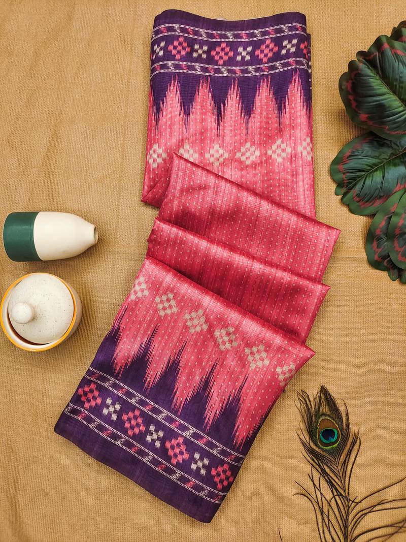 Rani Pink Soft Tussar silk Saree With Traditional Temple Printed Border And Printed Pallu With Blouse For Women