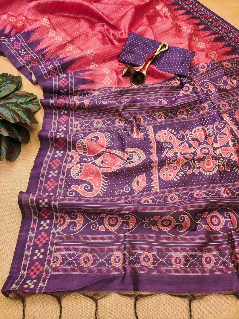 Rani Pink Soft Tussar silk Saree With Traditional Temple Printed Border And Printed Pallu With Blouse For Women