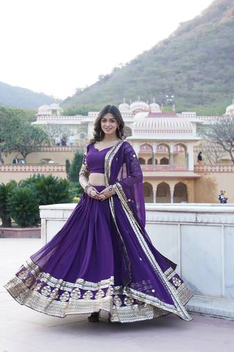 Dark Purple Georgette Embroidered Traditional Stitched Ethnic Lehenga Choli Dupatta  