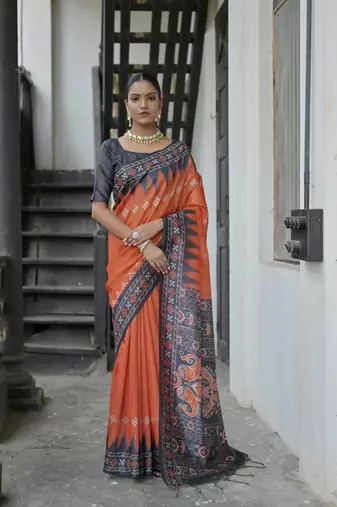 Red Soft Tussar silk Saree With Traditional Temple Printed Border And Printed Pallu With Blouse For Women