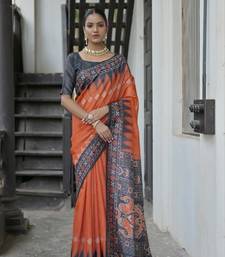 Red Soft Tussar silk Saree With Traditional Temple Printed Border And Printed Pallu With Blouse For Women