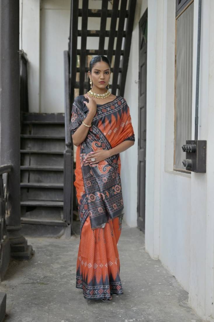 Red Soft Tussar silk Saree With Traditional Temple Printed Border And Printed Pallu With Blouse For Women