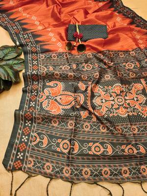 Red Soft Tussar silk Saree With Traditional Temple Printed Border And Printed Pallu With Blouse For Women 5
