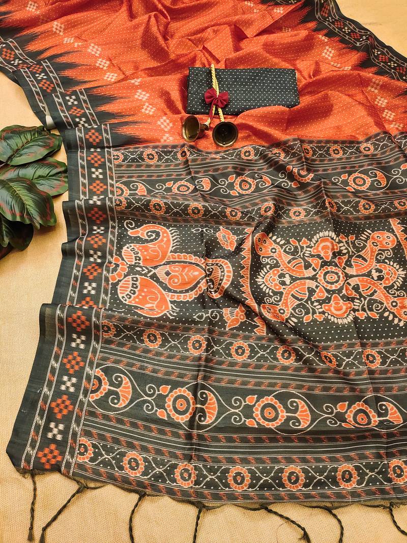 Red Soft Tussar silk Saree With Traditional Temple Printed Border And Printed Pallu With Blouse For Women