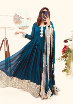 Teal Colour Beautiful Party Wear Embroidery Work Georgette Fabric Gown With Dupatta 1