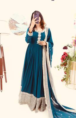 Teal Colour Beautiful Party Wear Embroidery Work Georgette Fabric Gown With Dupatta 2