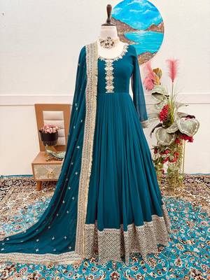 Teal Colour Beautiful Party Wear Embroidery Work Georgette Fabric Gown With Dupatta 3