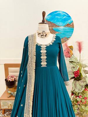 Teal Colour Beautiful Party Wear Embroidery Work Georgette Fabric Gown With Dupatta 4