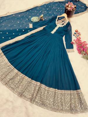 Teal Colour Beautiful Party Wear Embroidery Work Georgette Fabric Gown With Dupatta 5