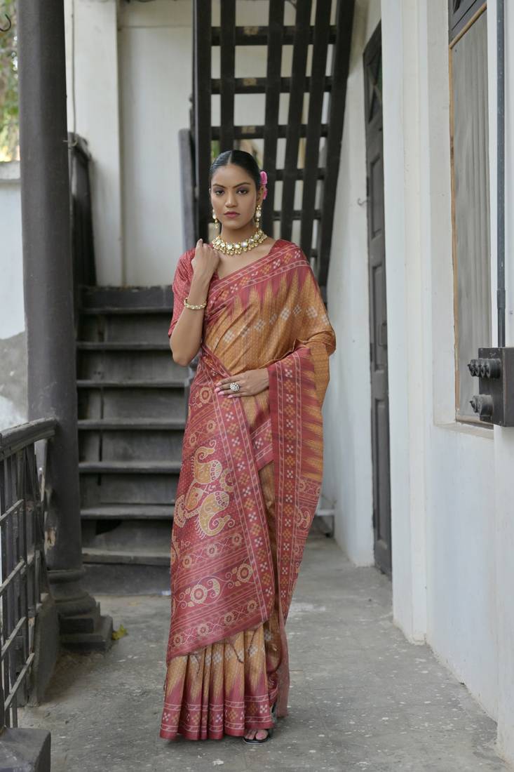 Yellow Soft Tussar silk Saree With Traditional Temple Printed Border And Printed Pallu With Blouse For Women