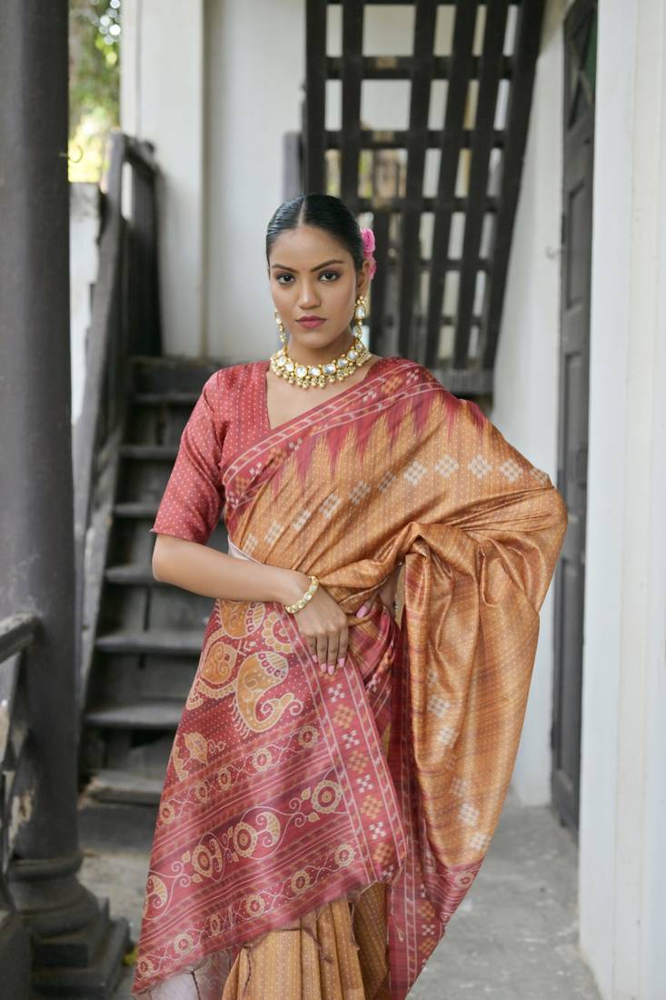 Yellow Soft Tussar silk Saree With Traditional Temple Printed Border And Printed Pallu With Blouse For Women