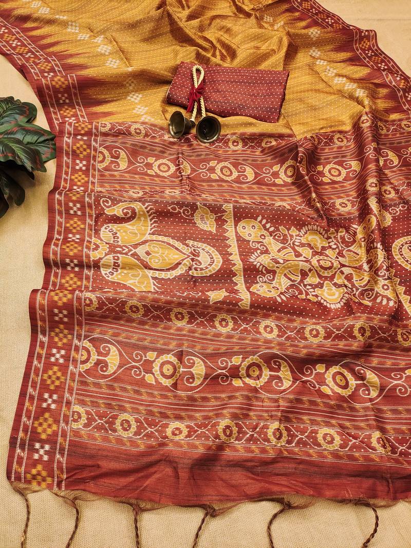 Yellow Soft Tussar silk Saree With Traditional Temple Printed Border And Printed Pallu With Blouse For Women