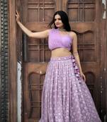 Light Purple Georgette Embroidered Fashionable Stitched Crop Top Lehenga Choli Dupatta  