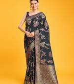 Monjolika Fashion Women'S Gorgeous Faux Banarasi Viscose Silk Saree In Yellow Floral Motif Intricate Zari Work