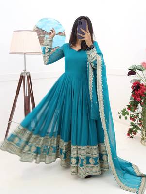 Teal Colour Designer Wedding Wear Georgette Fabric Gown With Dupatta 1