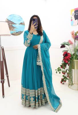 Teal Colour Designer Wedding Wear Georgette Fabric Gown With Dupatta 2