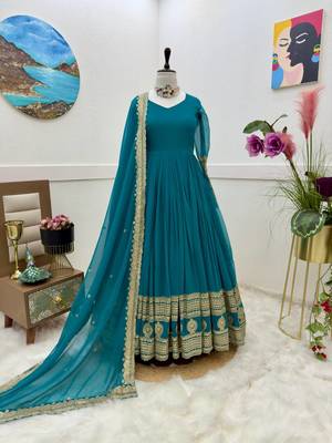Teal Colour Designer Wedding Wear Georgette Fabric Gown With Dupatta 3