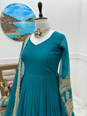 Teal Colour Designer Wedding Wear Georgette Fabric Gown With Dupatta 4