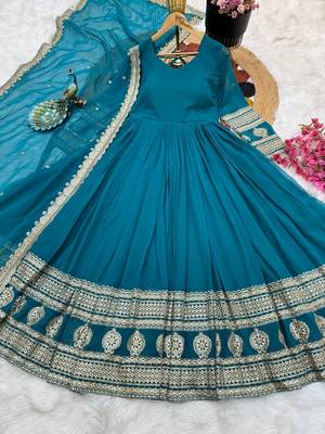 Teal Colour Designer Wedding Wear Georgette Fabric Gown With Dupatta 5