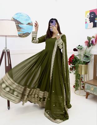 Mahendi Colour Designer Wedding Wear Georgette Fabric Gown With Dupatta 1