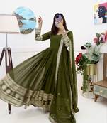 Mahendi Colour Designer Wedding Wear Georgette Fabric Gown With Dupatta